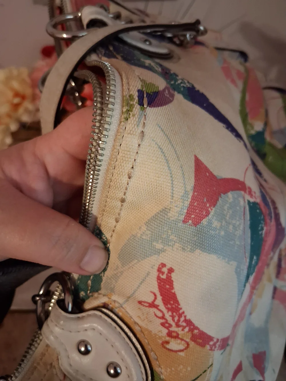 Coach Multicolor Canvas Shoulder Bag with White Leather Trim